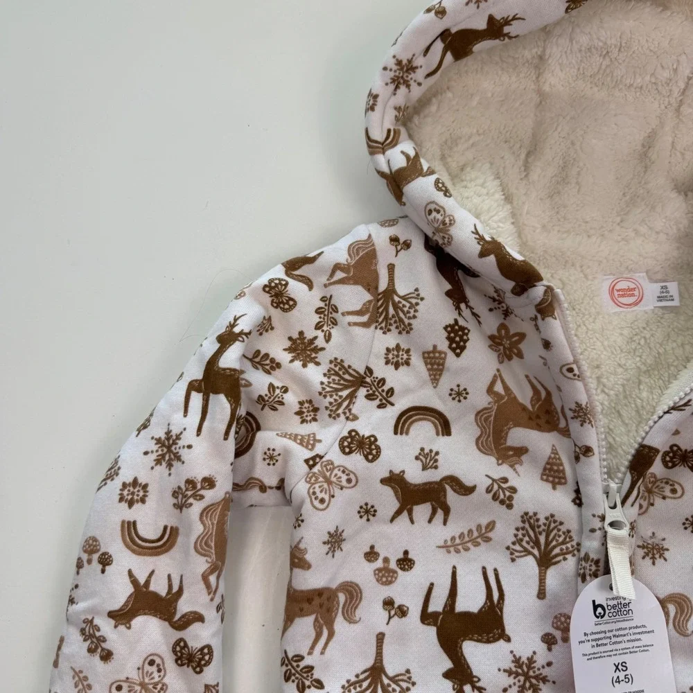 Wonder Nation Ivory Wonderland Sherpa Lined Zip Hoodie Kid Tough XS 4-5 NWT